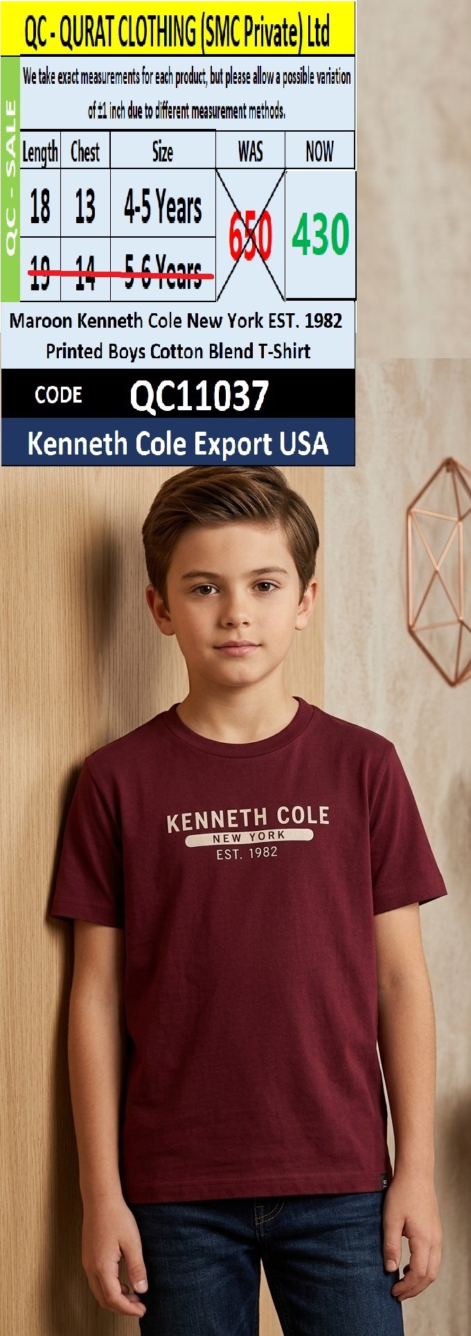 Maroon Kenneth Cole New York EST. 1982 Printed Boys Cotton Blend T-Shirt – QC11037 – Kenneth Cole Export USA