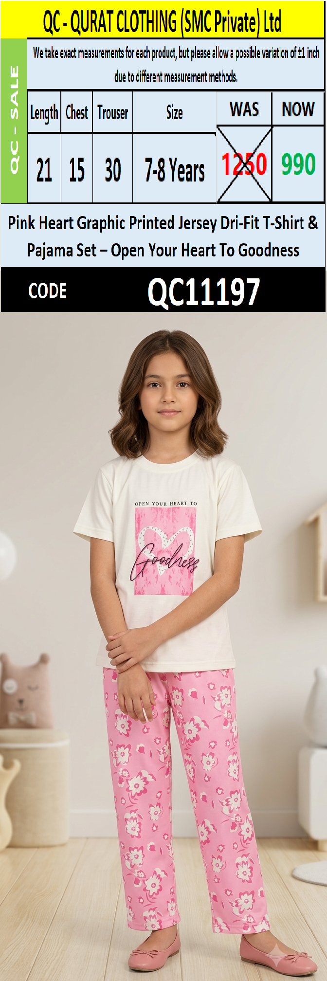 Pink Heart Graphic Printed Jersey Dri-Fit T-Shirt & Pajama Set – "Open Your Heart To Goodness" QC11197