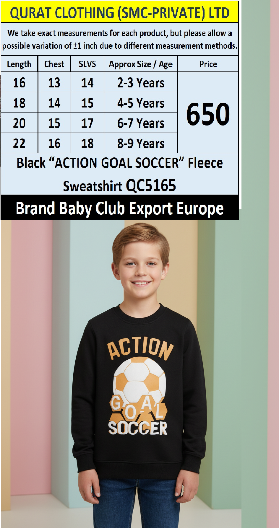 Baby Club Brand Black “ACTION GOAL SOCCER” Fleece Sweatshirt QC5165 – Export Europe