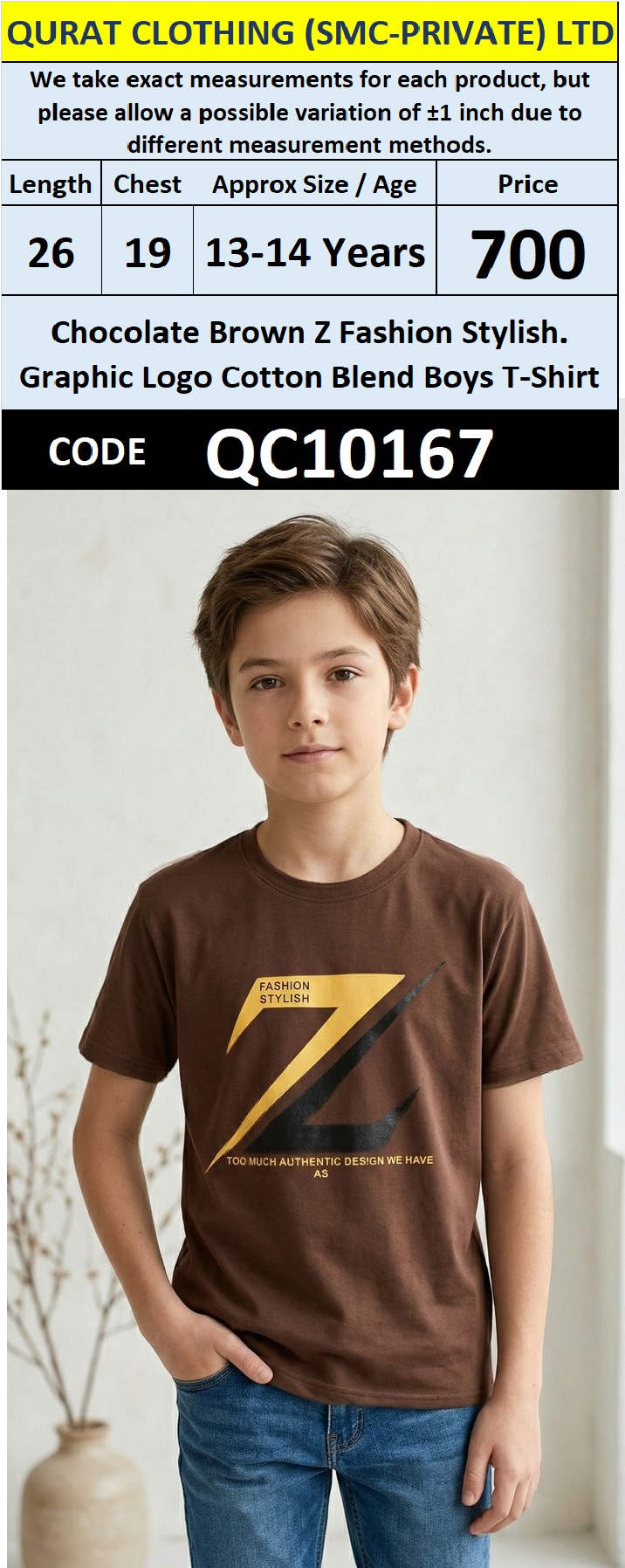 Chocolate Brown Z Fashion Stylish Graphic Logo Cotton Blend Boys T-Shirt QC10167
