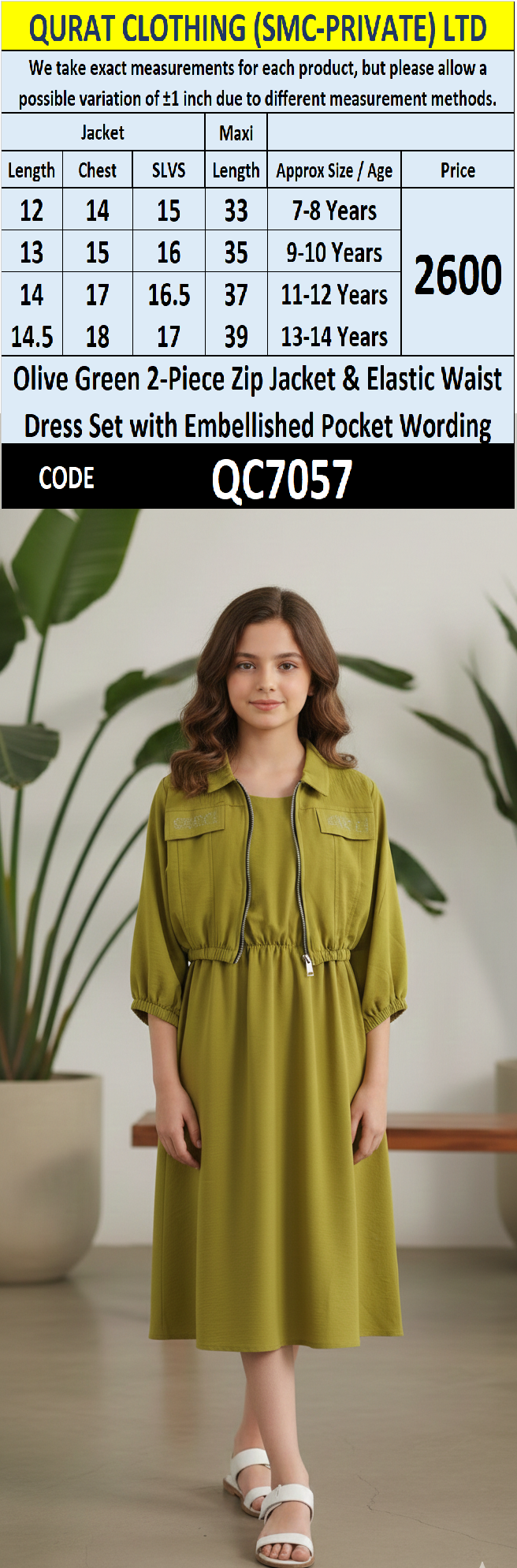 Olive Green Girls 2-Piece Zip Jacket & Elastic Waist Maxi Dress Set – Embellished Pocket Detail– QC7057 - QC7057