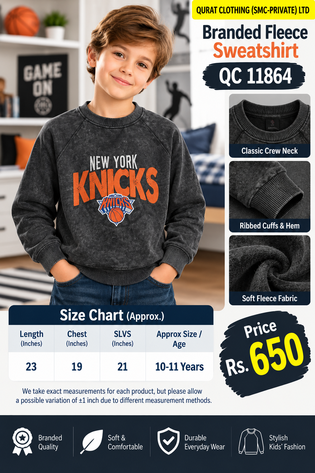 Branded charcoal grey fleece sweatshirt with New York Knicks basketball graphic and washed finish — QC11864