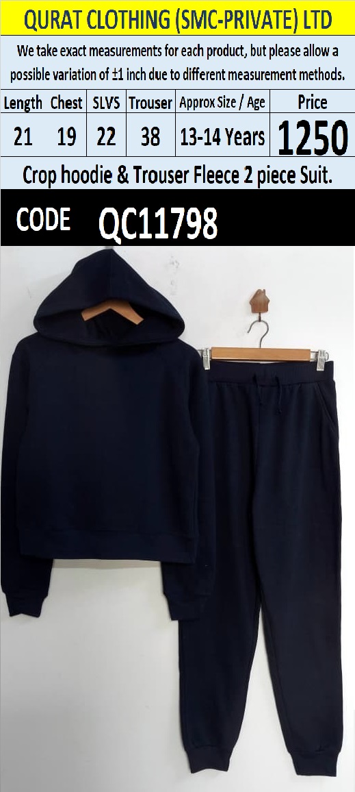 Navy Blue Crop Hoodie and Trouser Fleece 2 Piece Suit with Plain Design — QC11798
