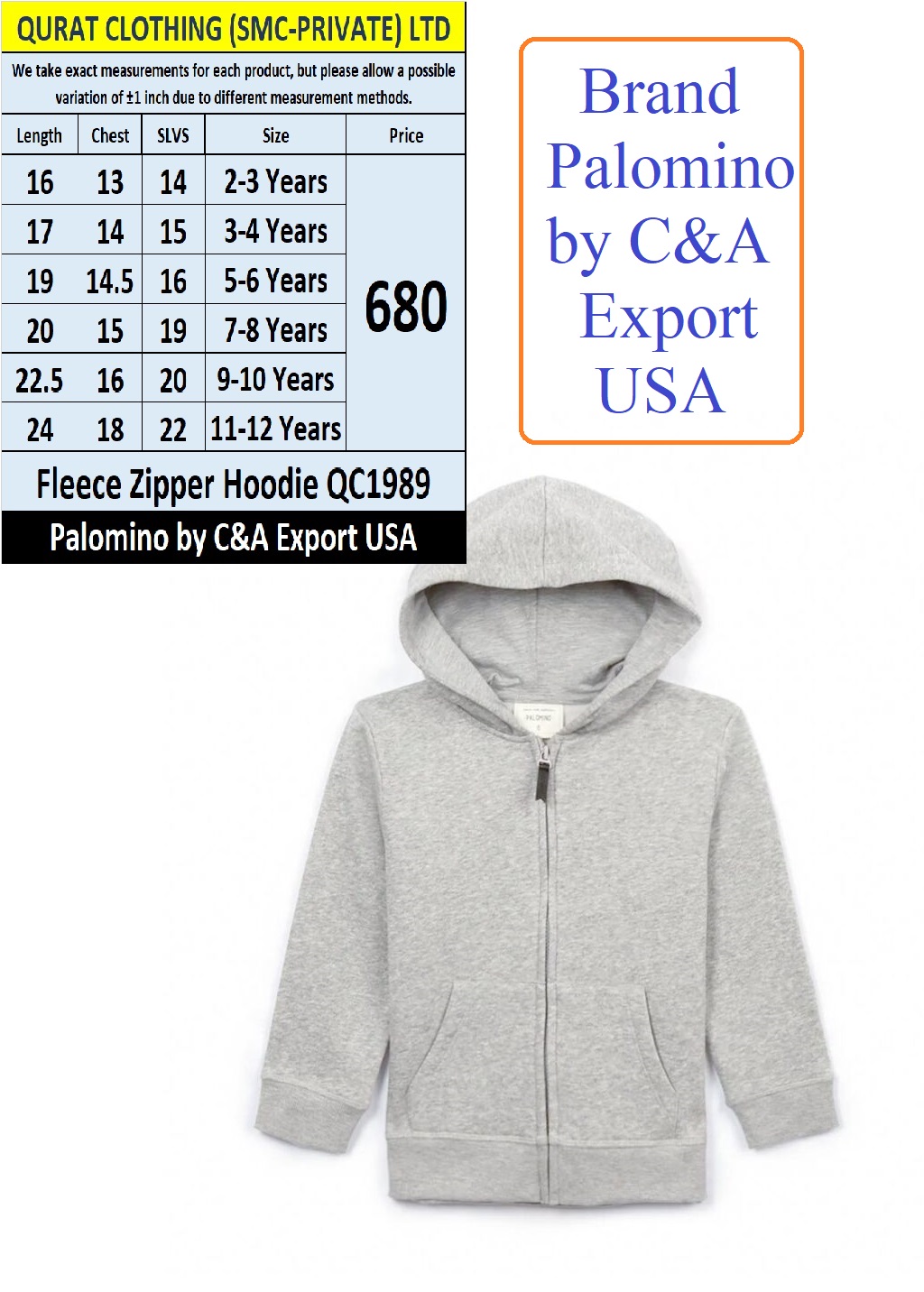 Palomino by C&A Brand Grey Fleece Zipper Hoodie QC1989 Export USA
