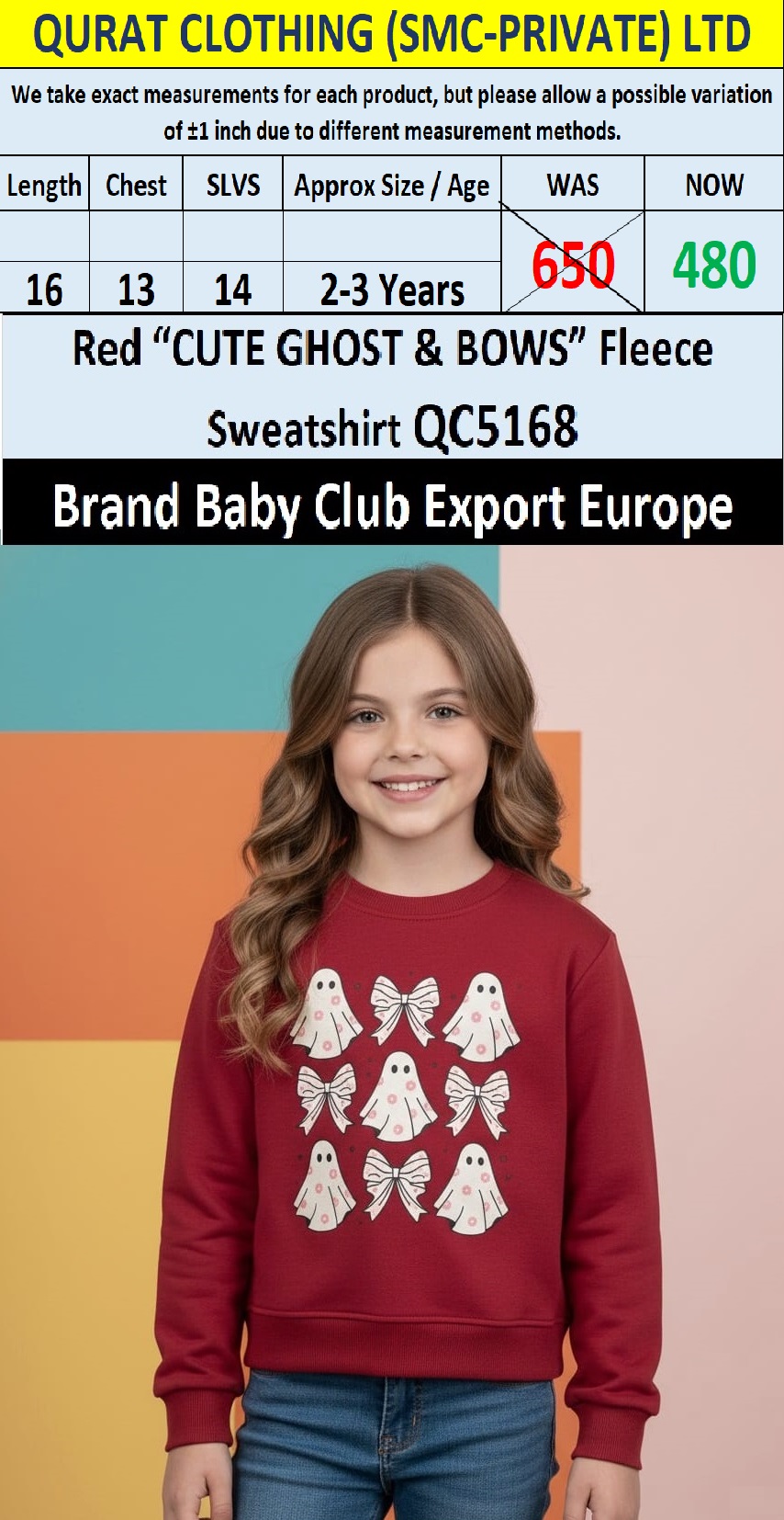 Baby Club Red “Cute Ghost & Bows” Fleece Sweatshirt QC5168 – Export Europe