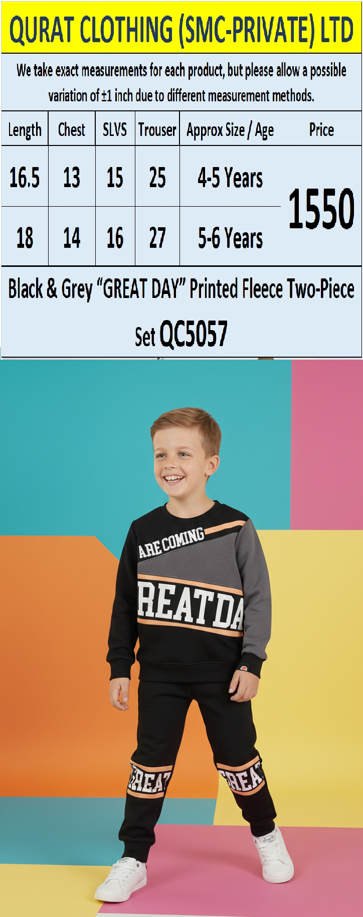 Black & Grey “GREAT DAY ARE COMING” Printed Fleece Two-Piece Set QC5057 - QC5057