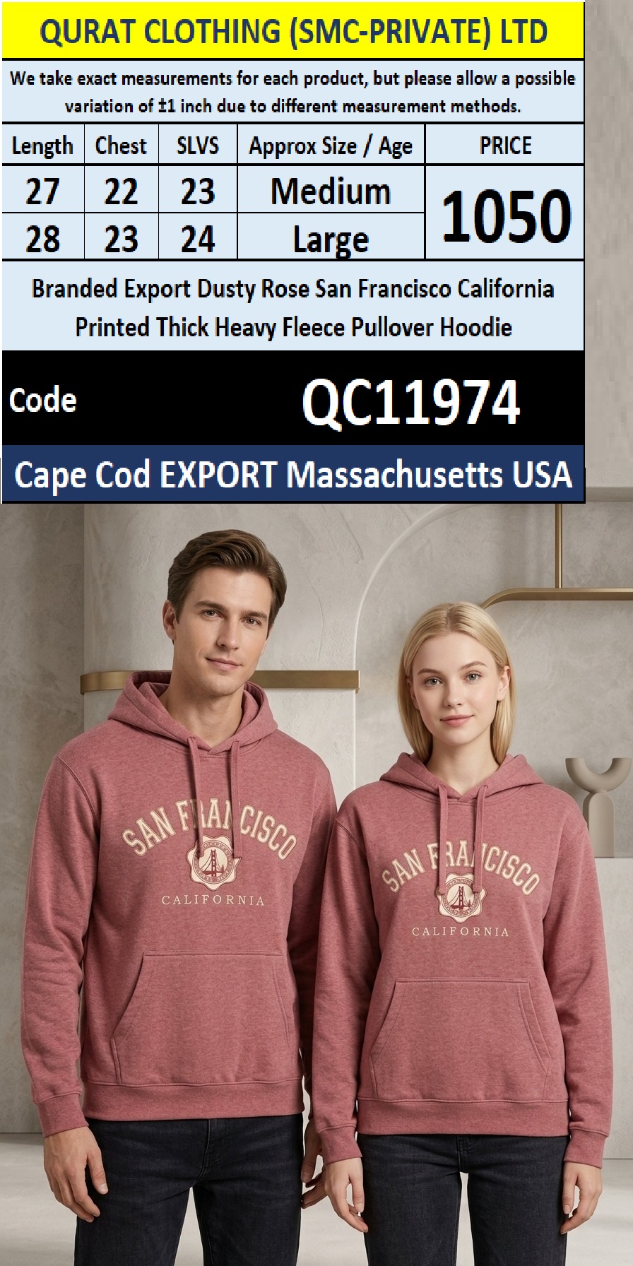 Cape Cod Export Massachusetts USA — Branded Export Dusty Rose San Francisco California Printed Thick Heavy Fleece Pullover Hoodie — QC11974