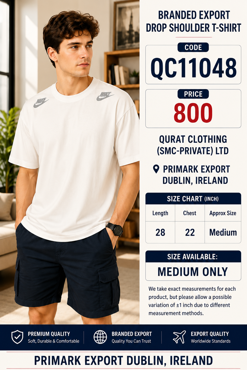 White Nike Logo Branded Export Drop Shoulder T-Shirt QC11048 – Primark Export Dublin Ireland