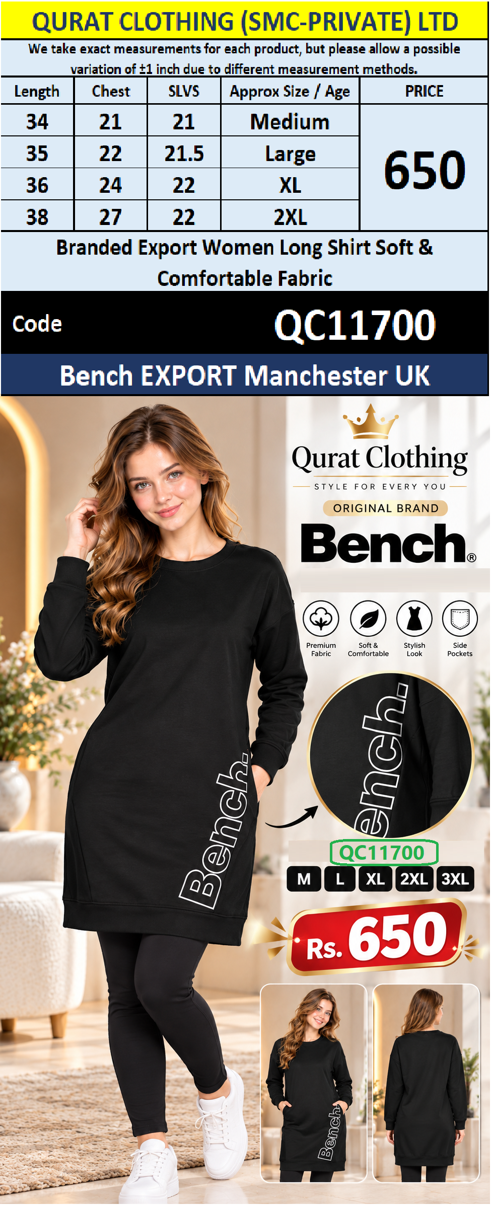 Bench Branded Export Women Long Shirt Soft & Comfortable Fabric – Black  - Export Manchester UK - QC11700