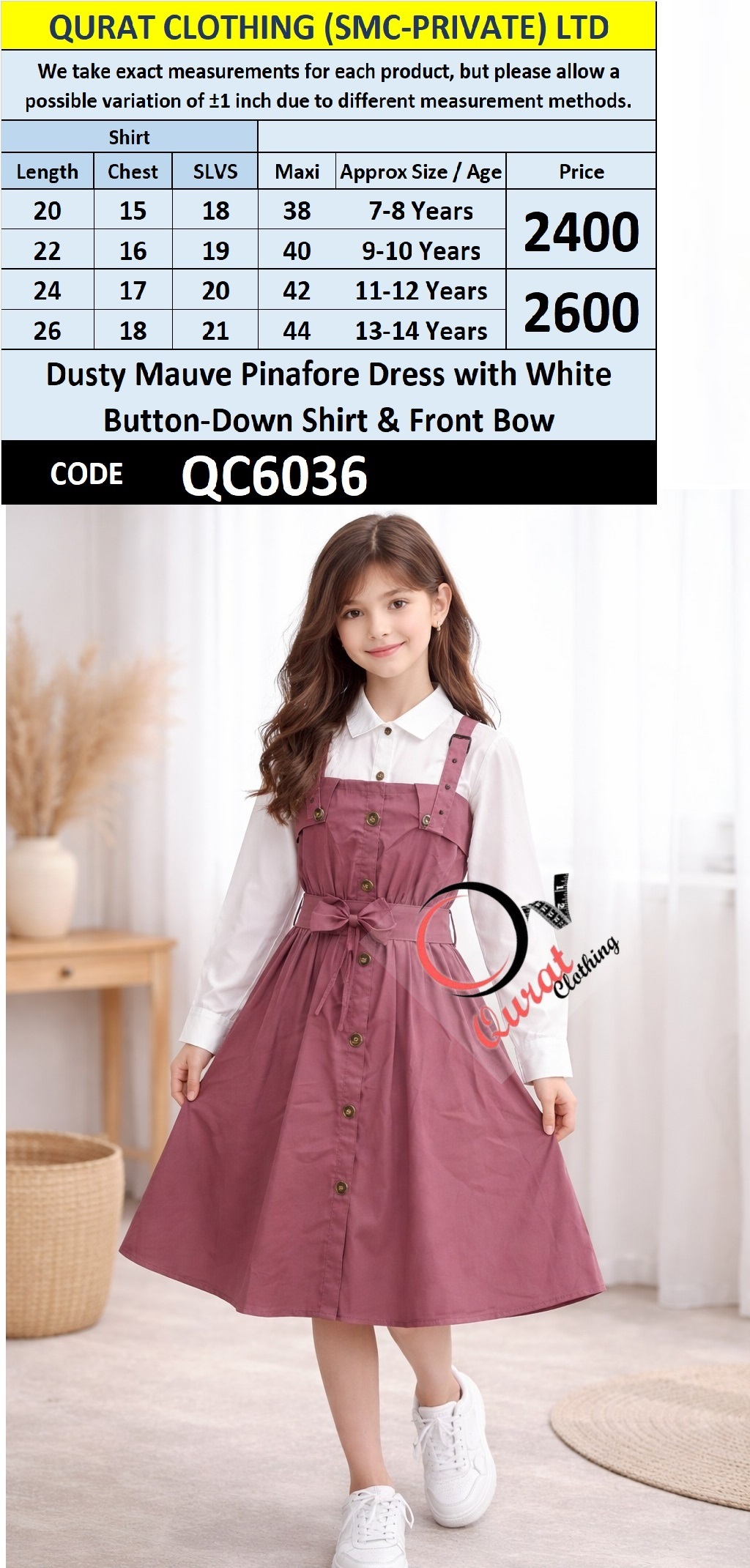 Dusty Mauve Pinafore Dress Two Piece Set with White Button-Down Shirt & Front Bow Detail – QC6036 - QC6036