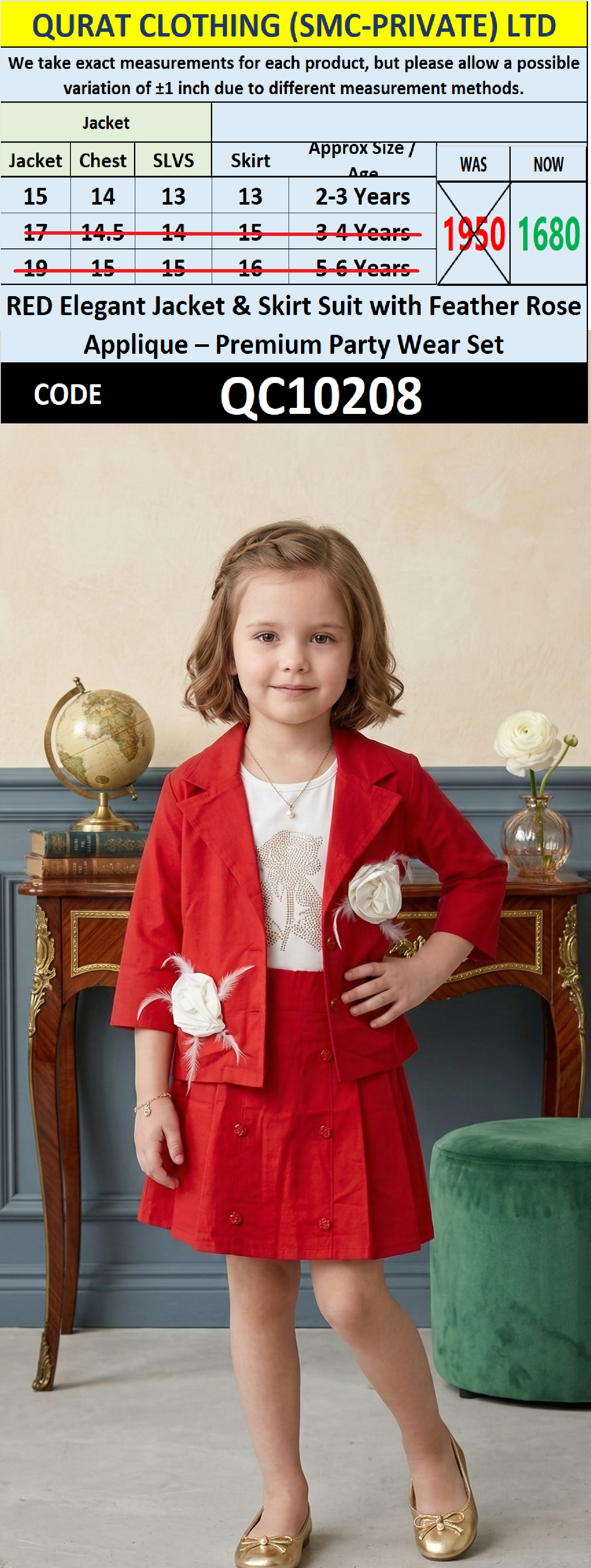 RED Elegant Jacket & Skirt Suit with Feather Rose Applique – Premium Party Wear Set QC10208