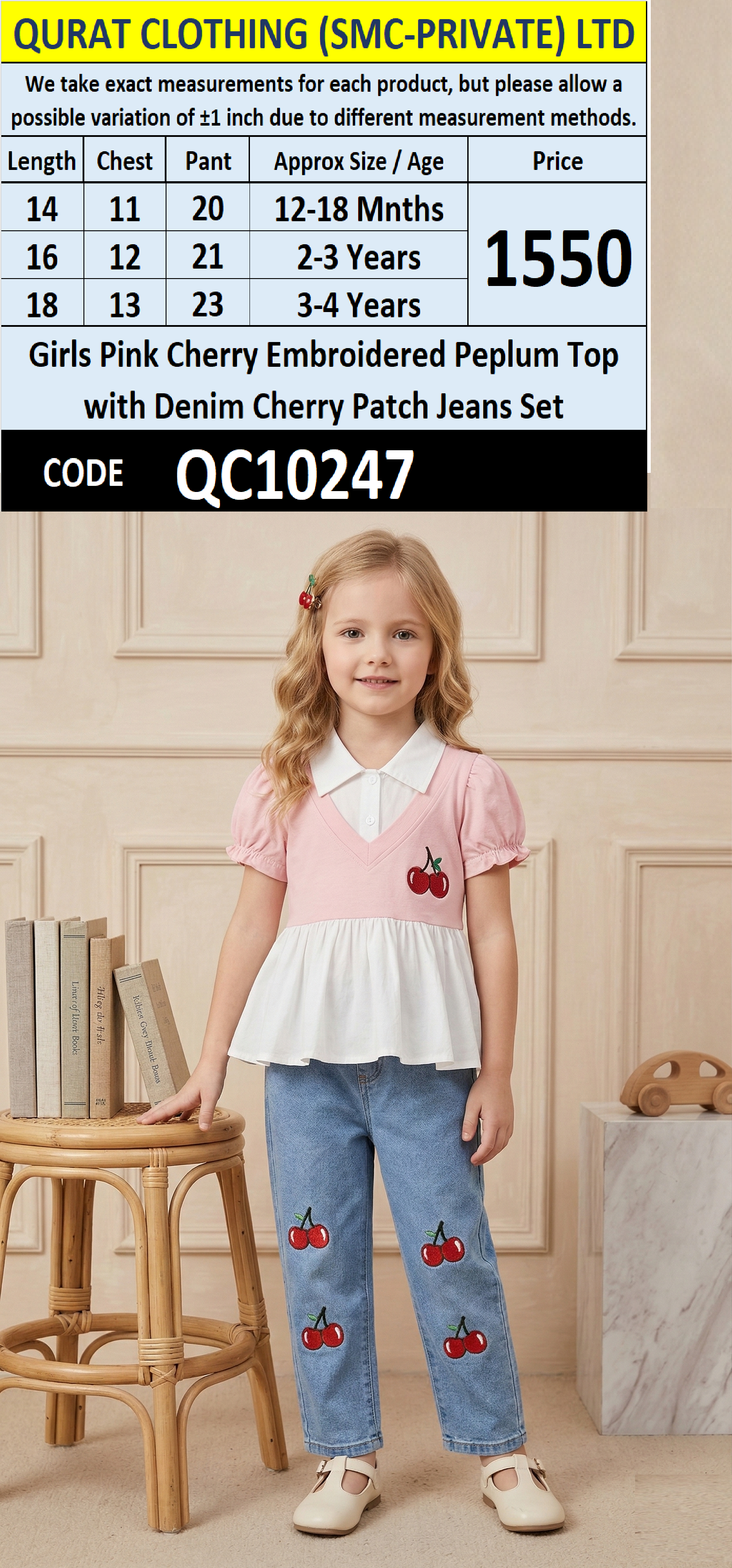 Girls Pink Cherry Embroidered Peplum Top with Denim Cherry Patch Jeans Set – QC10247 - QC10247