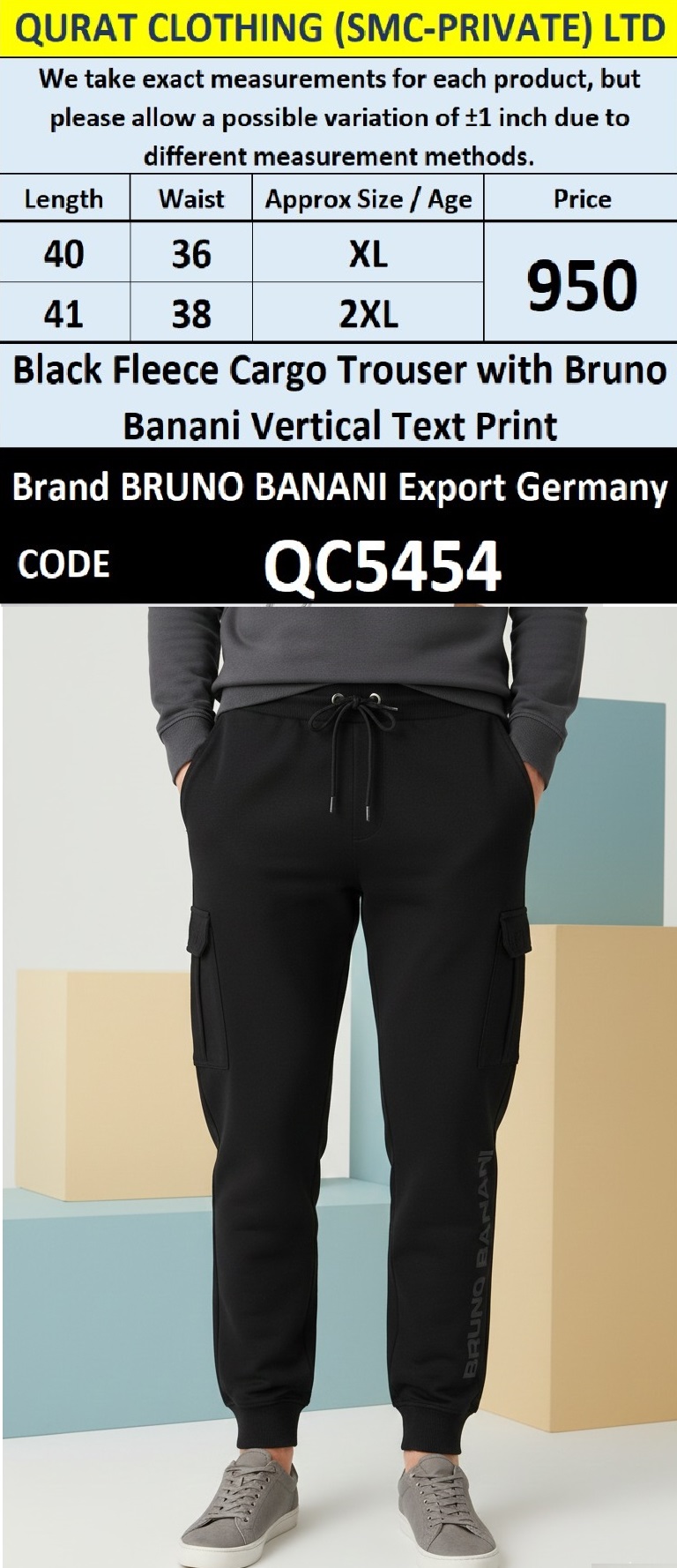 QC5454 Black Fleece Cargo Trouser with Bruno Banani Vertical Text Print – Bruno Banani Export Germany