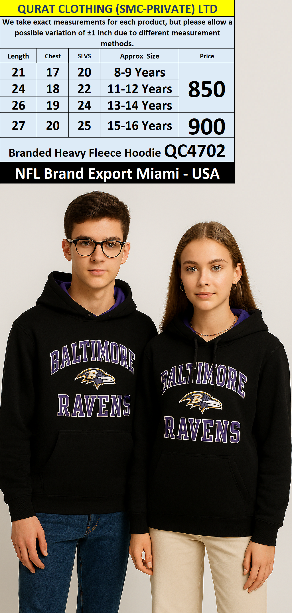 NFL Brand Heavy Fleece Hoodie QC4702 Export Miami - USA