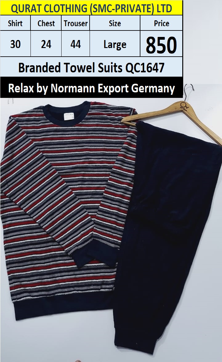Normann by Relax Brand Grey & Red Lines Towel Fabric Night Wear Suit QC1647 Export Germany