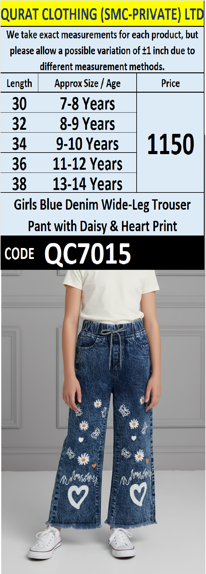 Girls Blue Denim Wide-Leg Trouser with Daisy & Heart Print – Stylish Kids Fashion QC7015