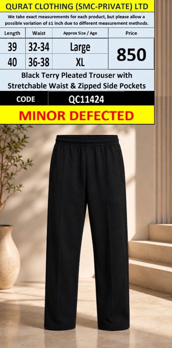 Black Terry Pleated Trouser with Stretchable Waist & Zipped Side Pockets – QC11424 - Minor Defected