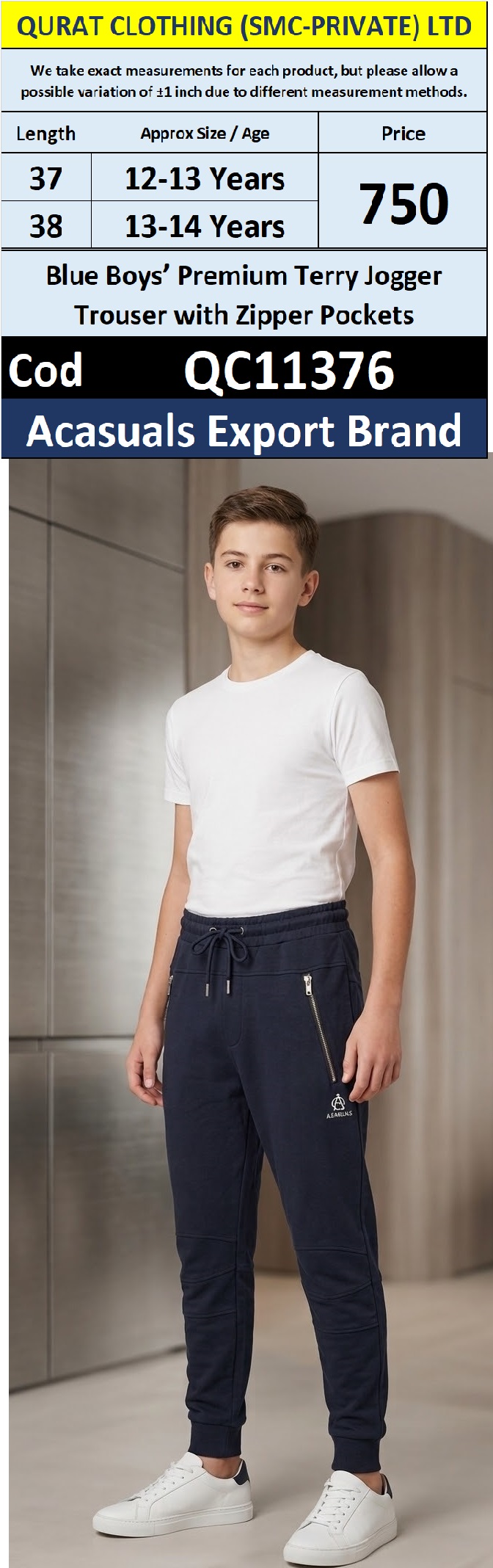 Blue Boys’ Premium Terry Jogger Trouser with Zipper Pockets – QC11376