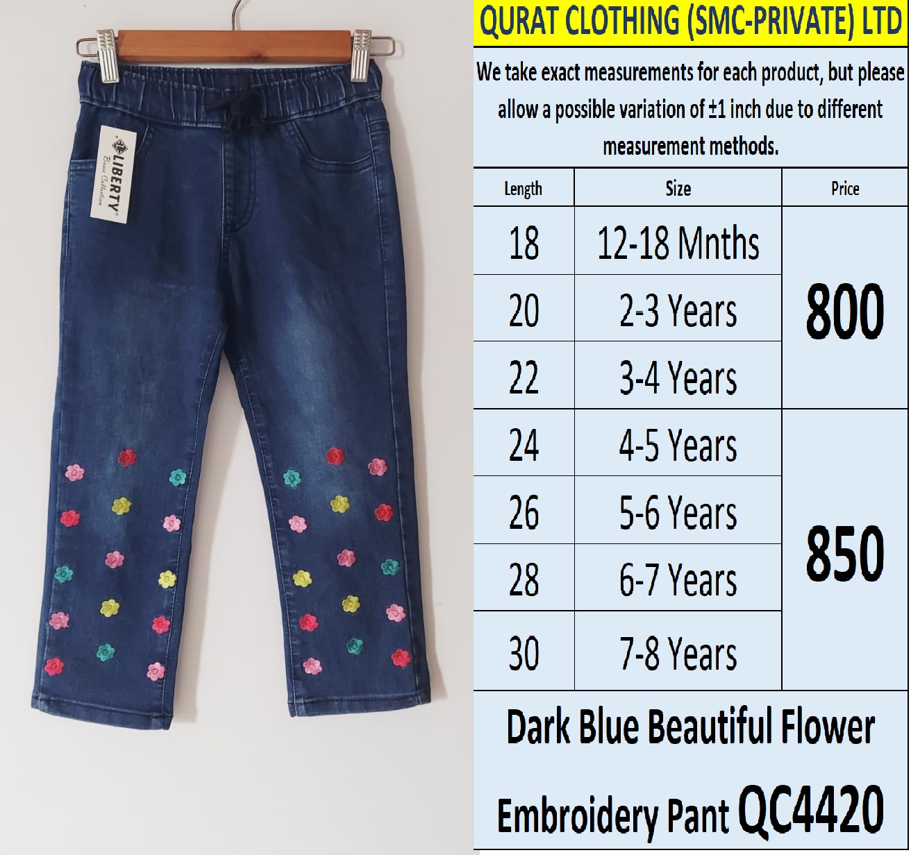 Dark Blue Beautiful Colorful Flower Embroidery Pant QC4420