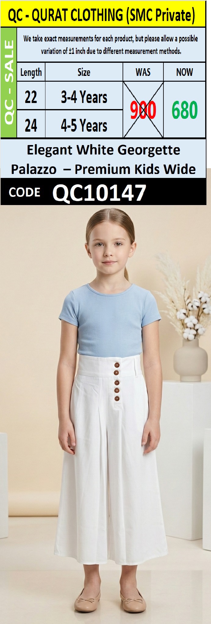 Elegant White Georgette Palazzo – Premium Kids Wide QC10147