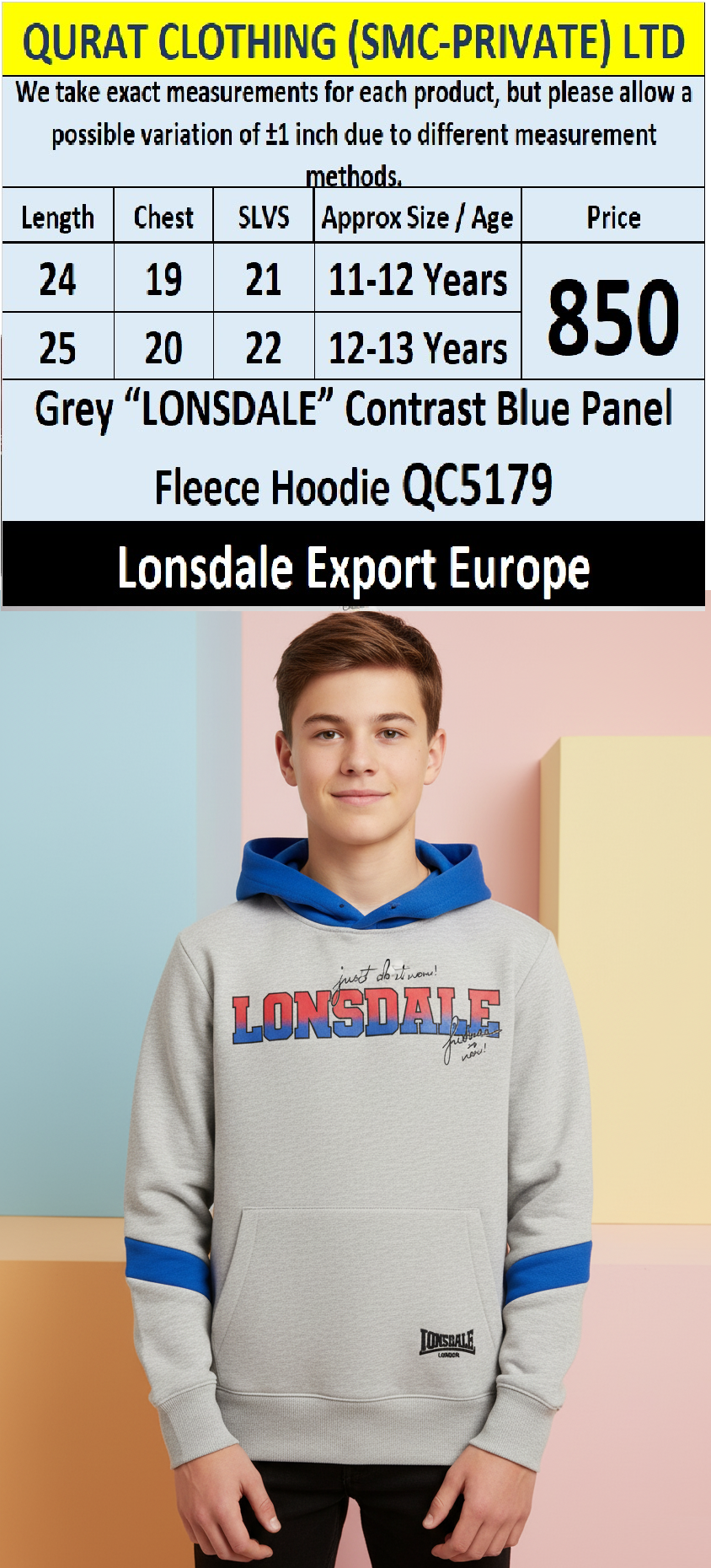 Lonsdale Grey “LONSDALE” Contrast Blue Panel Fleece Hoodie QC5179 – Export Europe