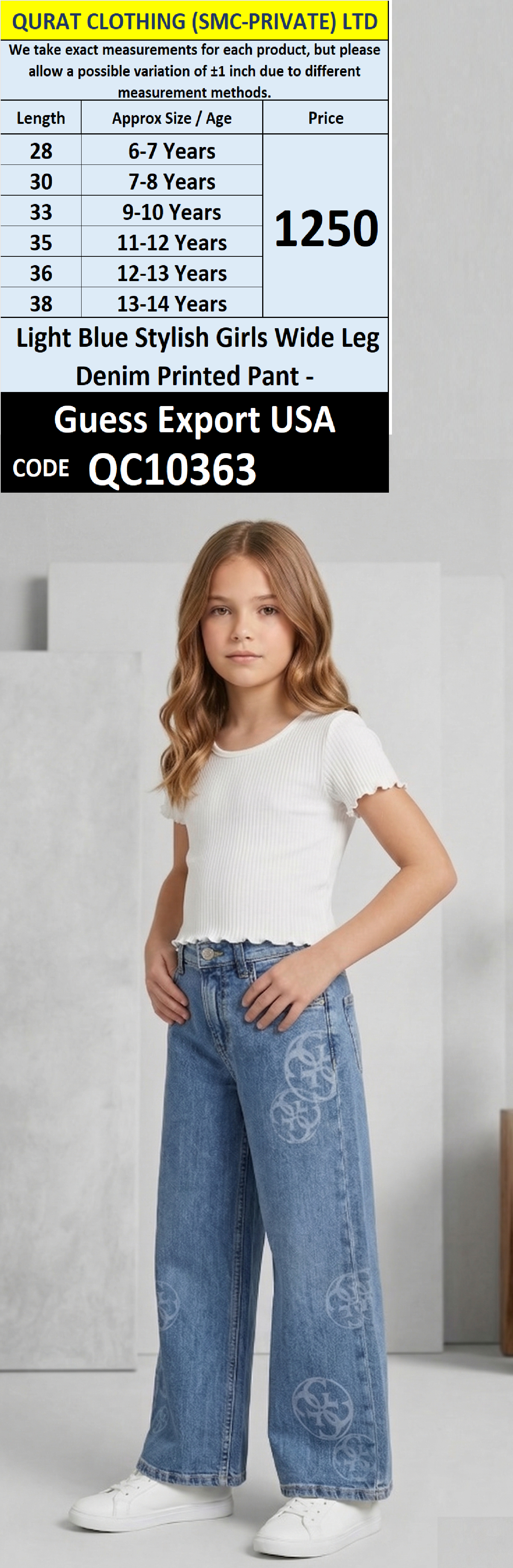 Light Blue Stylish Girls Wide Leg Denim Printed Pant - Guess Export USA QC10363