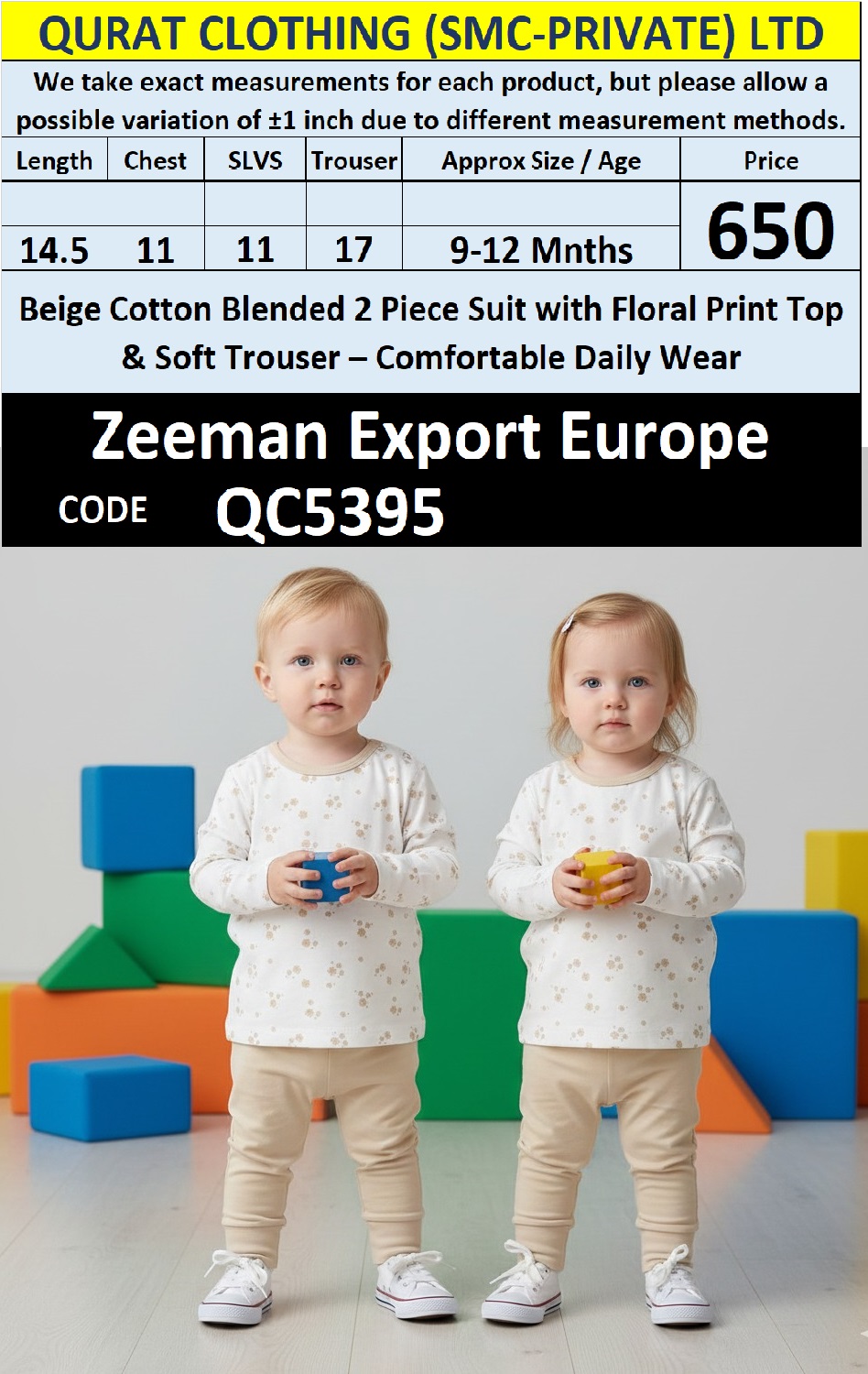 Zeeman Baby Beige Cotton-Blended Floral Print Top & Soft Trouser 2-Piece Suit QC5395 – Export Europe