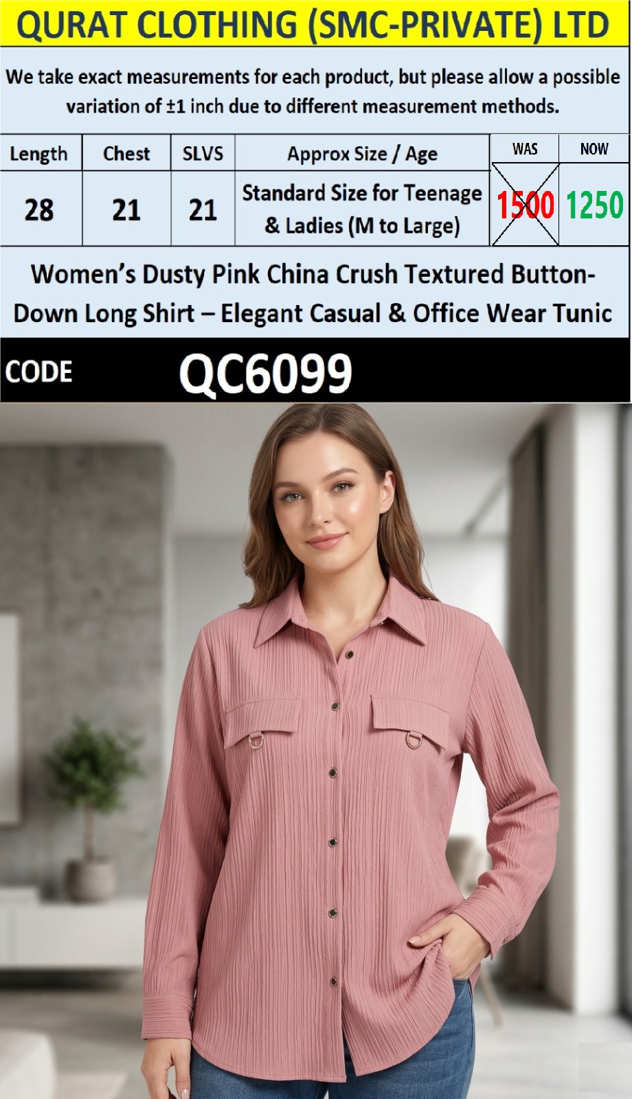 Dusty Pink China Crush Textured Button-Down Long Shirt – Elegant Relaxed Fit Tunic QC6099