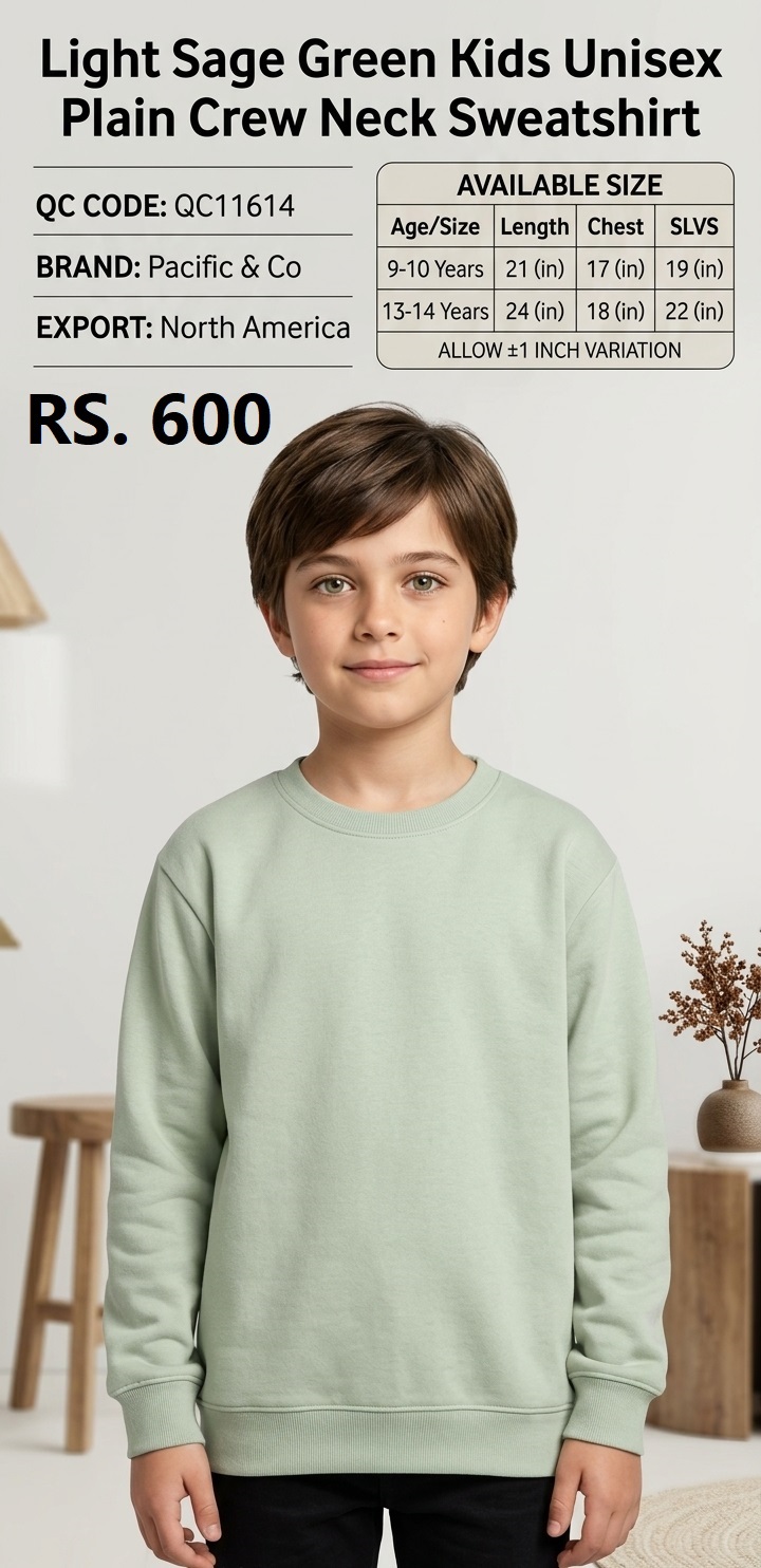 Pacific & Co Light Sage Green Kids Unisex Plain Crew Neck Sweatshirt – Export North America – QC11614