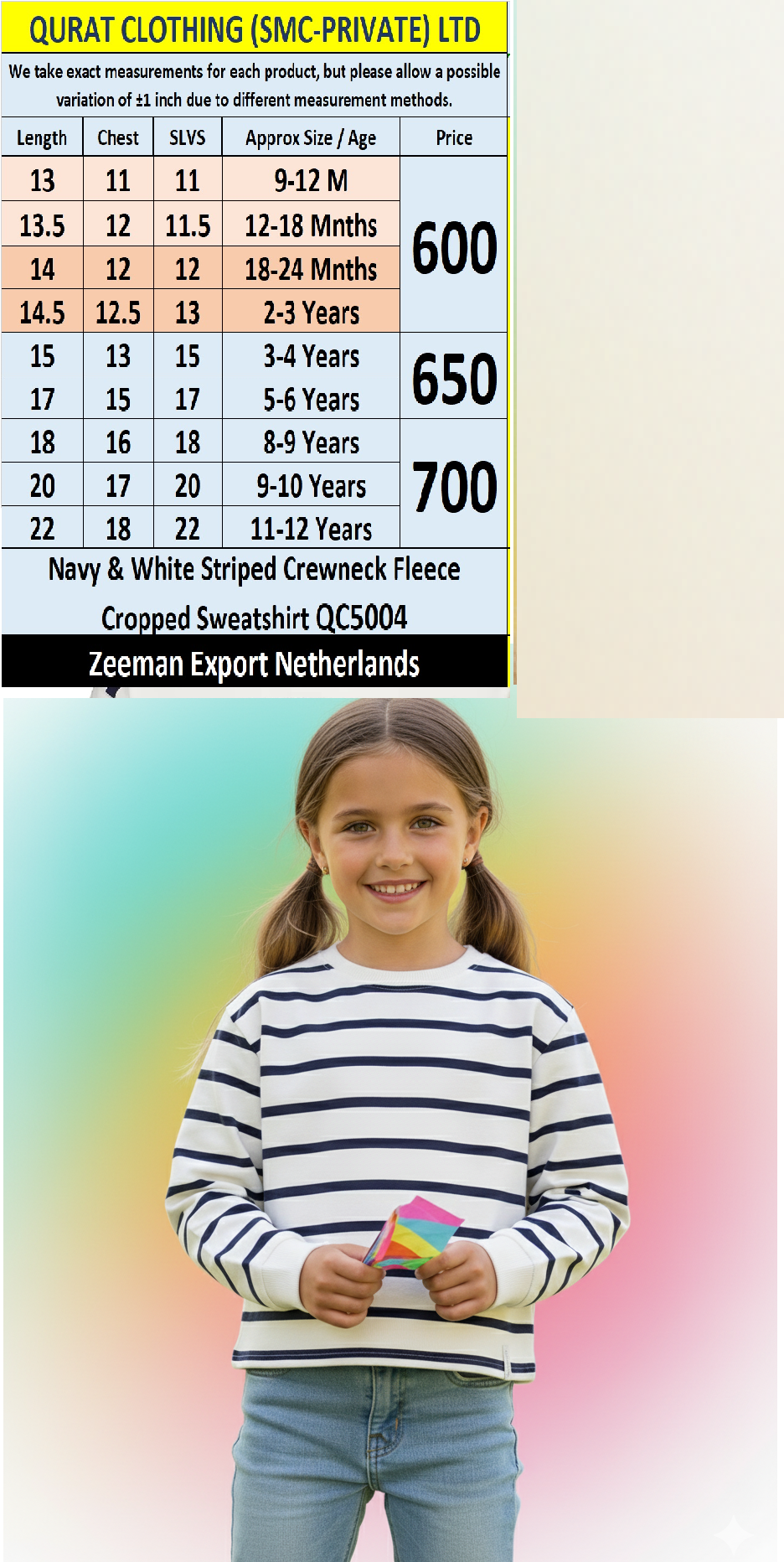 Navy & White Striped Crewneck Fleece Cropped Sweatshirt QC5004 – Zeeman Export Netherlands