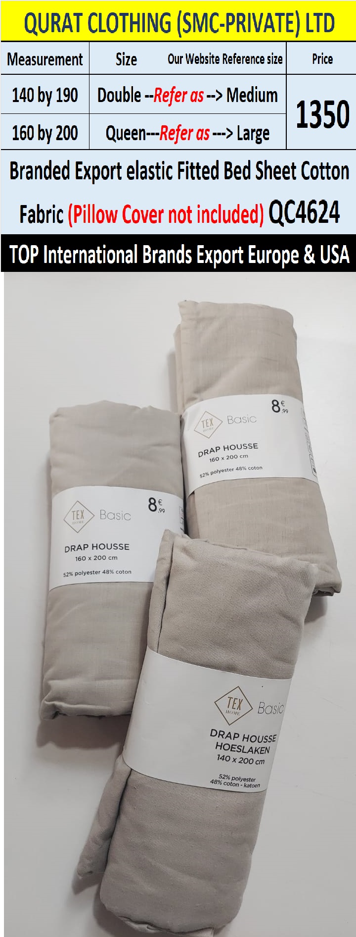 Top Intl Brand Elastic Fitted Cotton Bed Sheet QC4624 Export Europe & USA