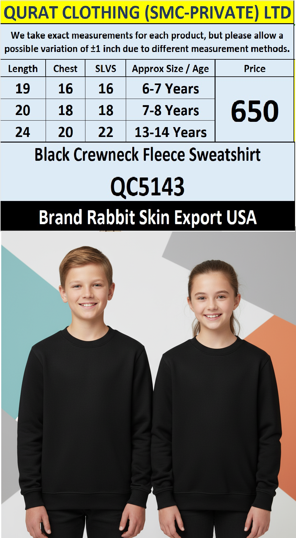 Black Crewneck Fleece Sweatshirt QC5143 – Brand Rabbit Skin Export USA