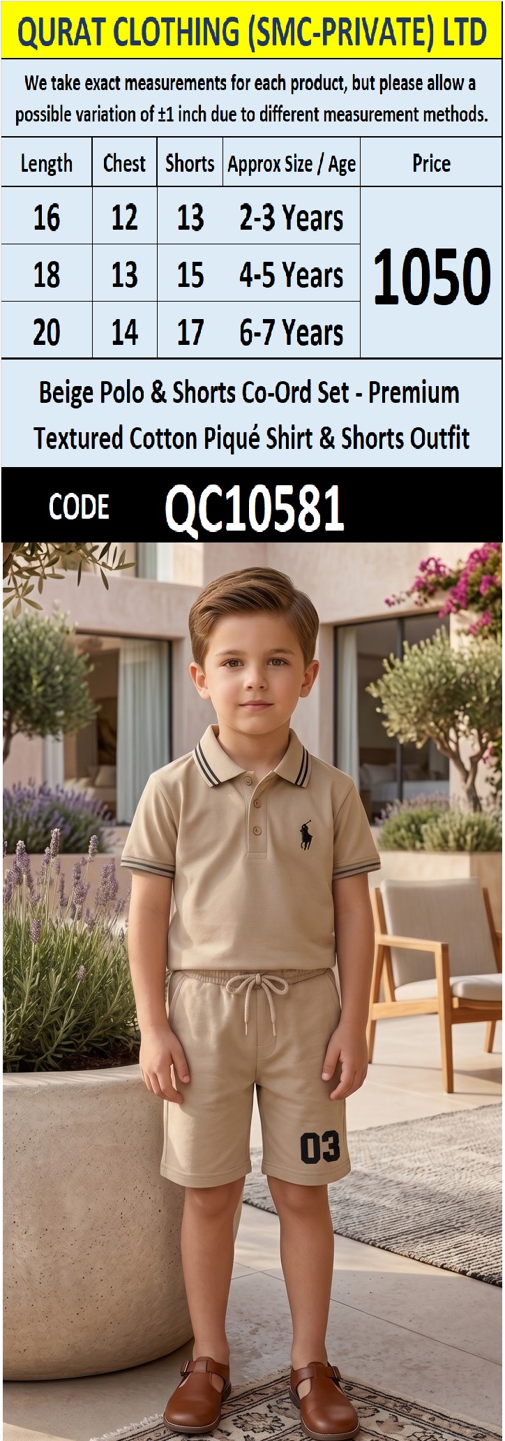 Beige Polo & Shorts Co-Ord Set – Premium Cotton Piqué Shirt & Shorts Outfit QC10581