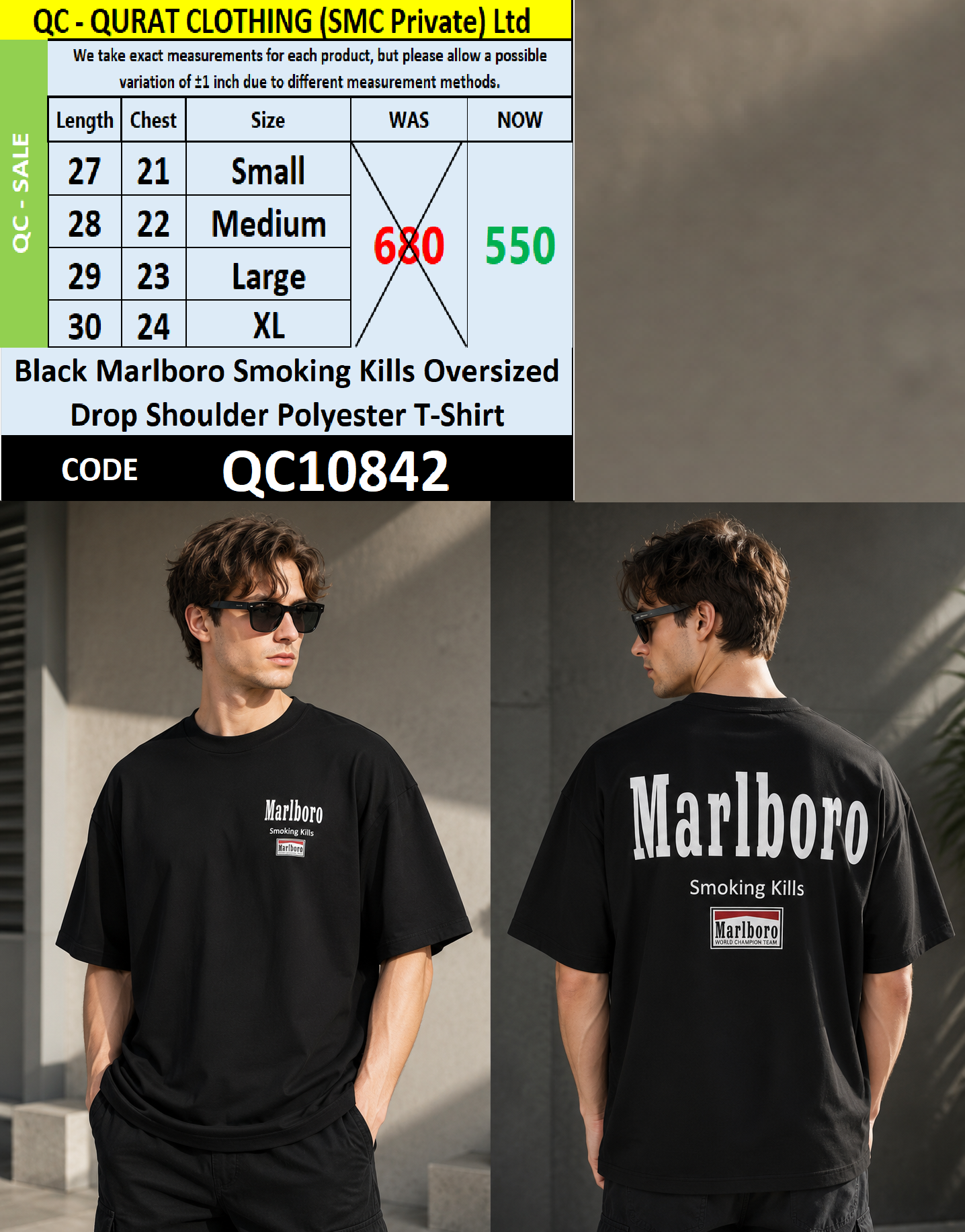 Black Marlboro Smoking Kills Oversized Drop Shoulder Polyester T-Shirt QC10842