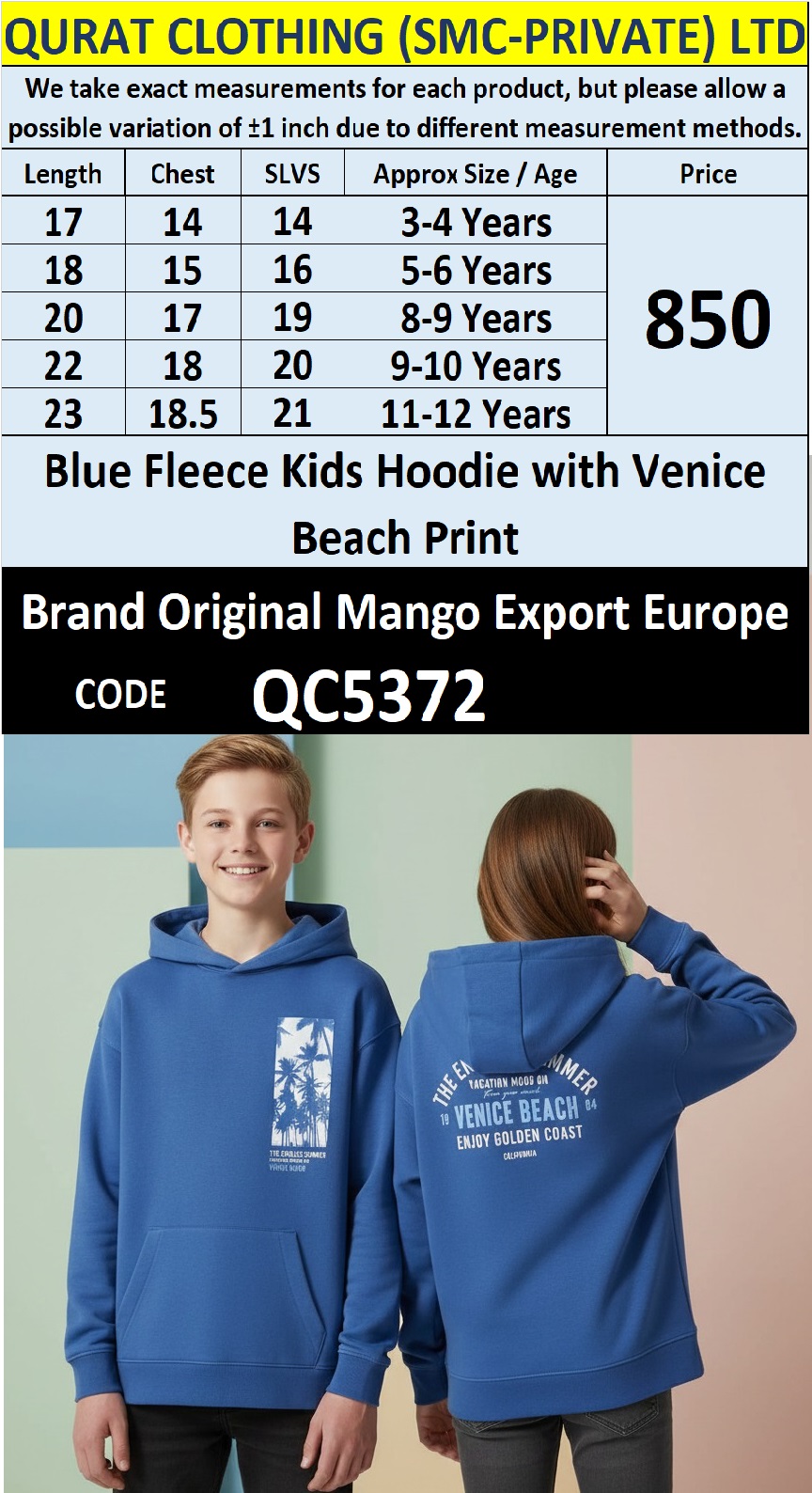 Blue Winter Fleece Kids Hoodie Venice Beach Print QC5372 | MANGO Export Europe