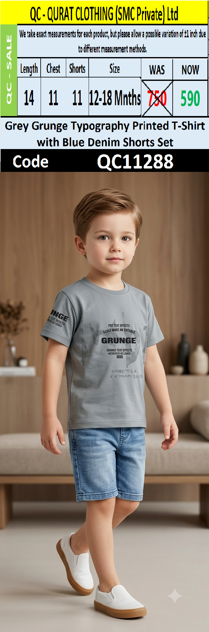 Grey Grunge Typography Printed T-Shirt with Blue Denim Shorts Set – QC11288