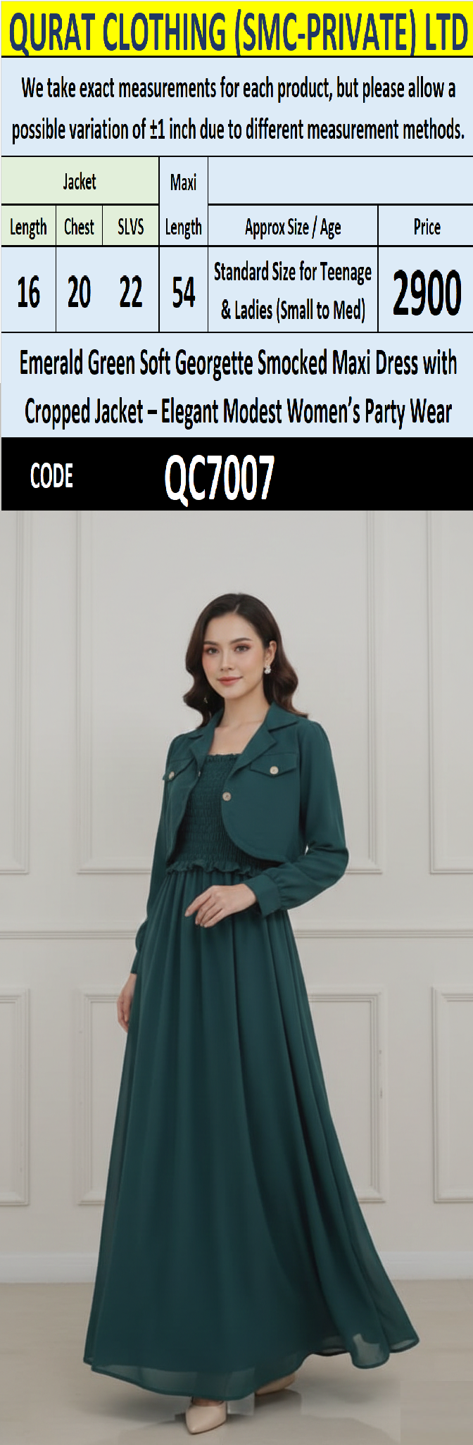 Emerald Green Soft Georgette Smocked Maxi Dress with Cropped Jacket – Elegant Modest Women’s Party Wear – QC7007 - QC7007