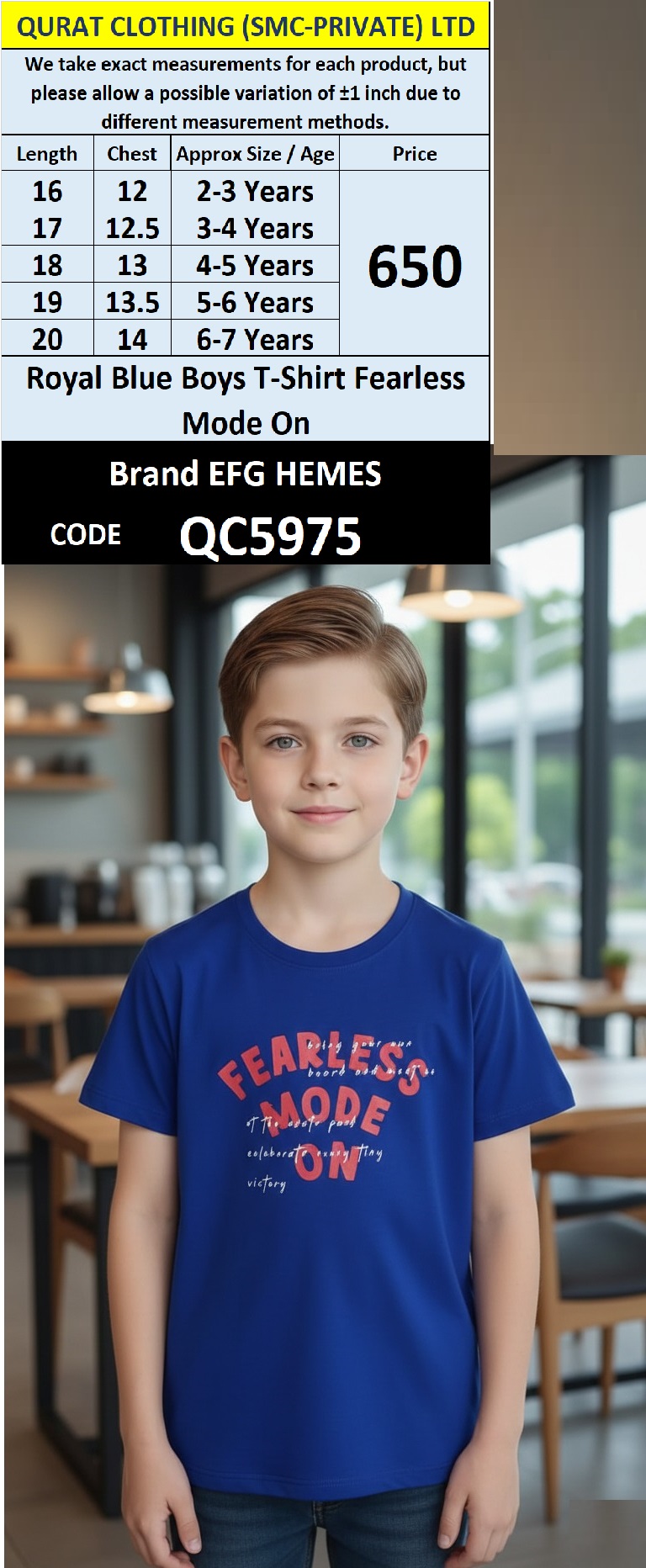 Royal Blue Cotton Blended T-Shirt FEARLESS MODE ON Printed Graphic – Kids Casual Tee – QC5975