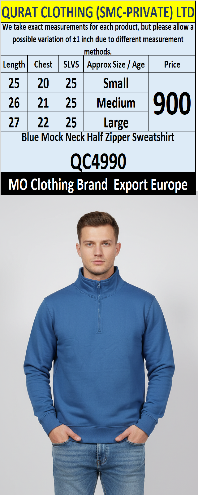 MO Clothing Brand Blue Mock Neck Half Zipper Sweatshirt QC4990 – Export Europe