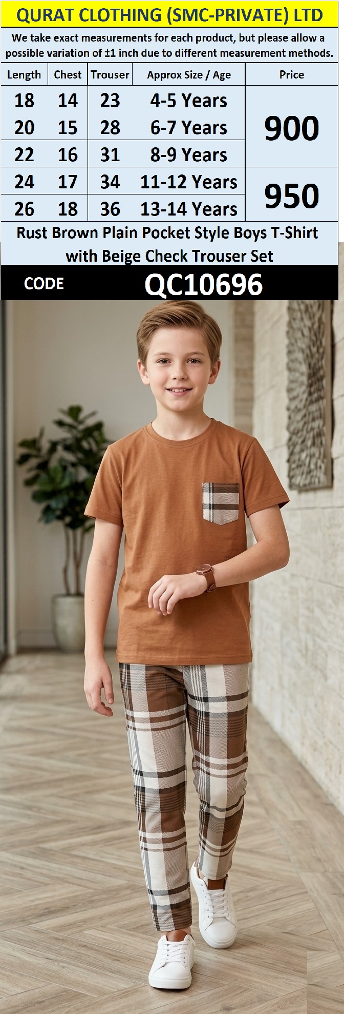 Rust Brown Plain Pocket Style Boys T-Shirt with Beige Check Trouser Set – QC10696