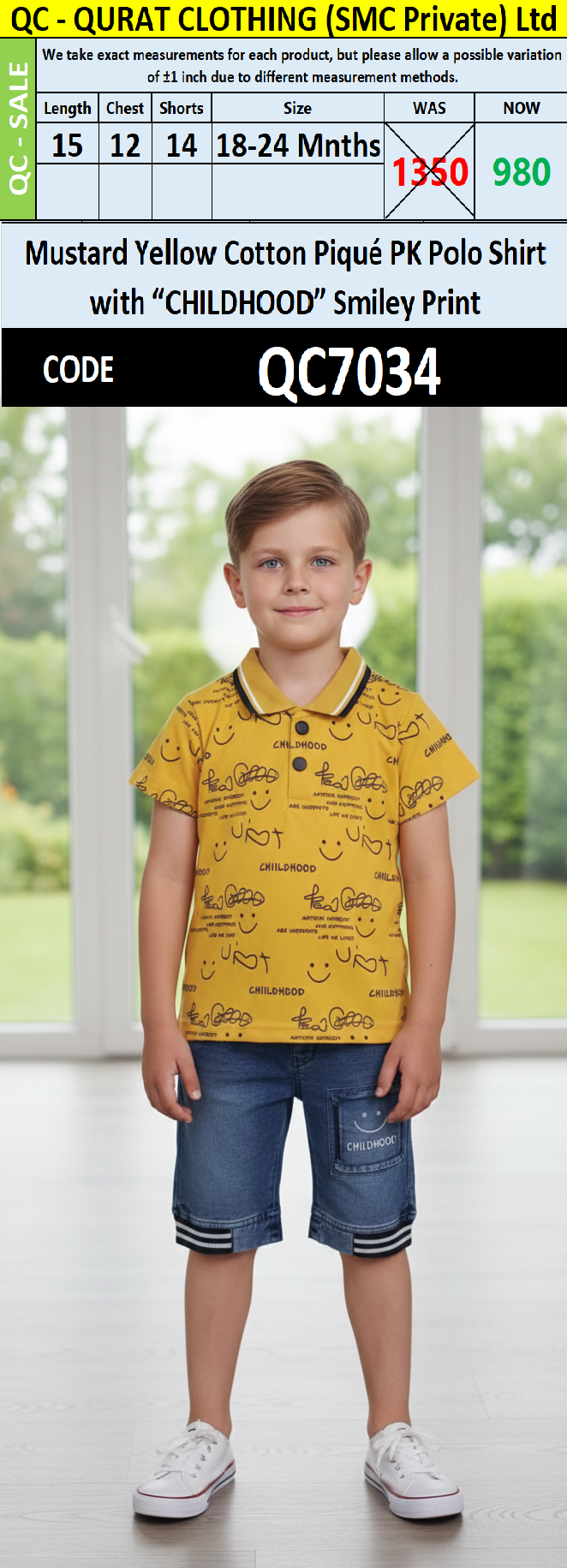 Mustard Yellow Cotton Piqué PK Polo Shirt with “CHILDHOOD” Smiley Print & Denim Shorts Boys Summer Set QC7034