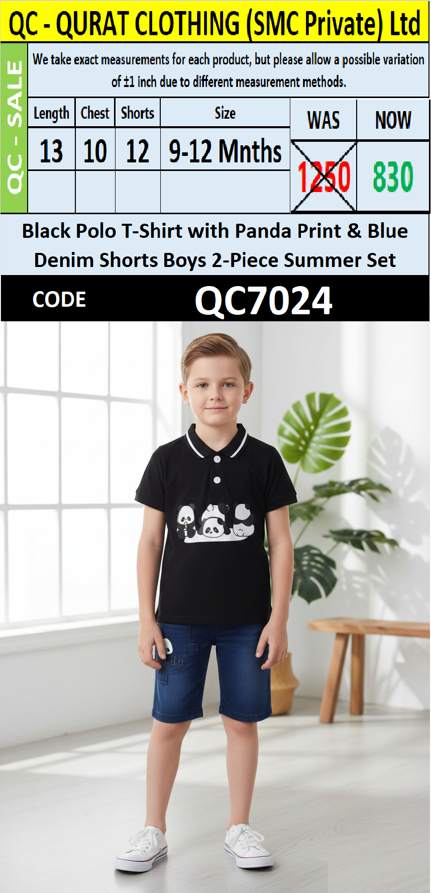 Black Polo T-Shirt with Panda Print & Blue Denim Shorts Boys Summer 2-Piece Set QC7024