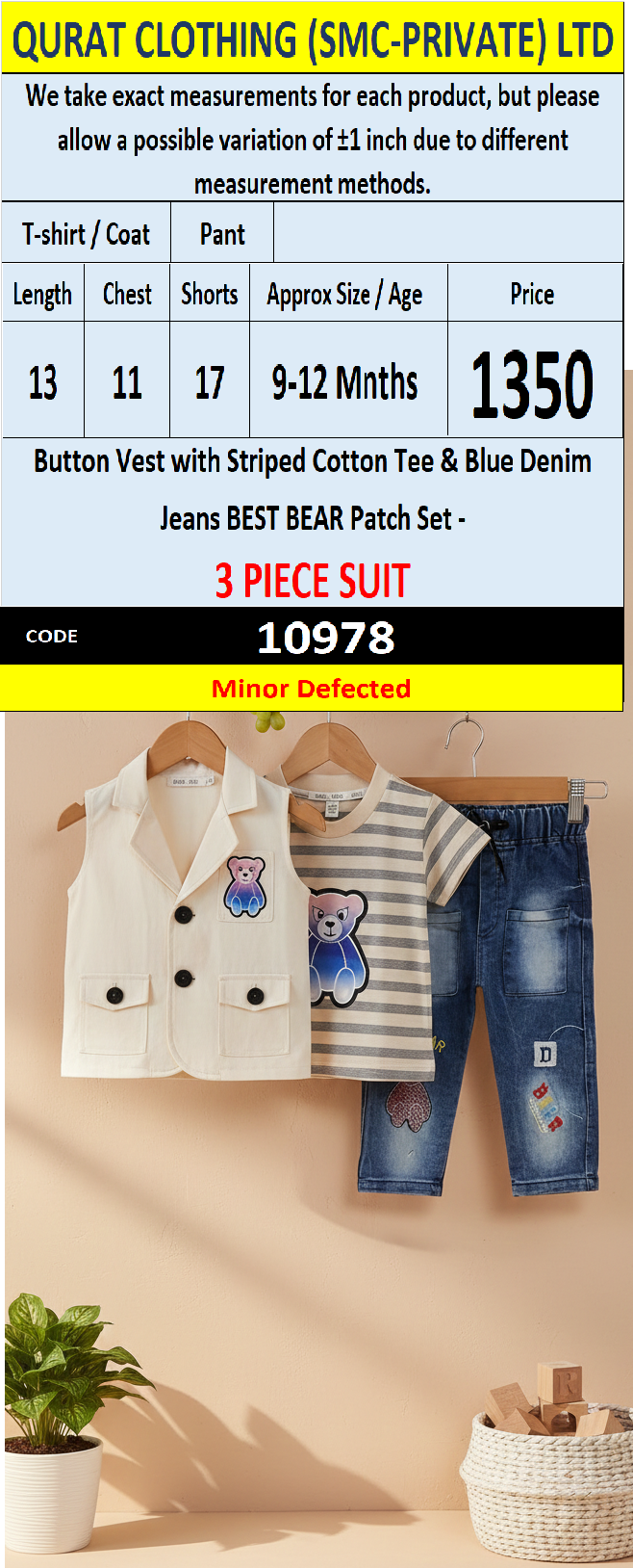 Best Bear Button Vest, Striped Cotton Tee & Blue Denim Jeans 3-Piece Boys Suit – QC10978 - Minor Defected