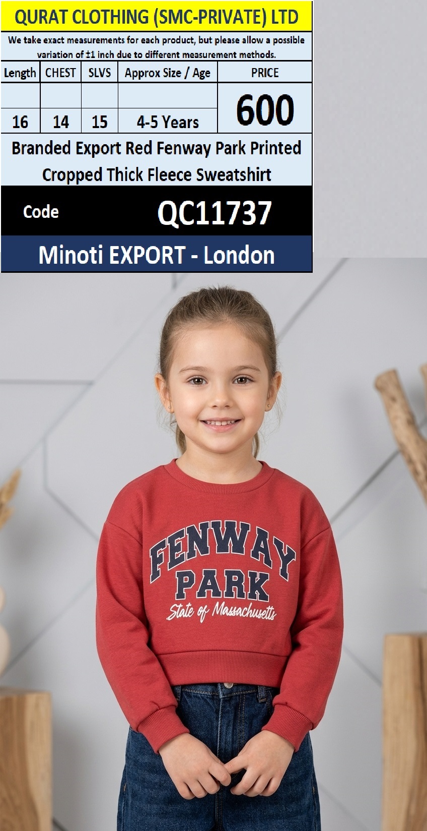 Branded Export Red Fenway Park Printed Cropped Thick Fleece Sweatshirt Minoti EXPORT - London QC11737