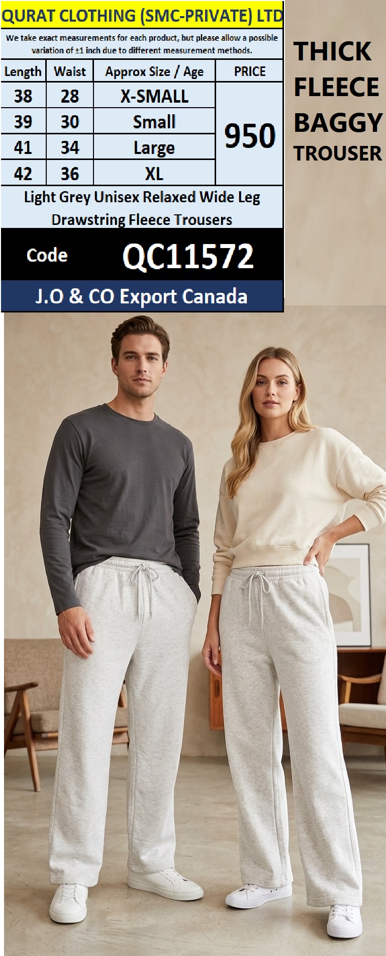 Light Grey Unisex Relaxed Wide Leg Drawstring Fleece Trousers – J.O & CO Export Canada – QC11572