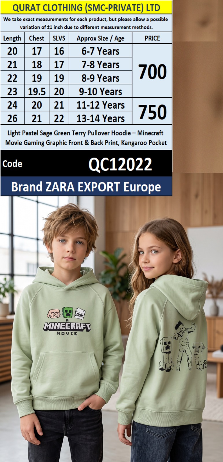Light Pastel Sage Green Terry Pullover Hoodie with Minecraft Movie Gaming Graphic Front & Back Print and Kangaroo Pocket – Zara Export Europe – QC12022