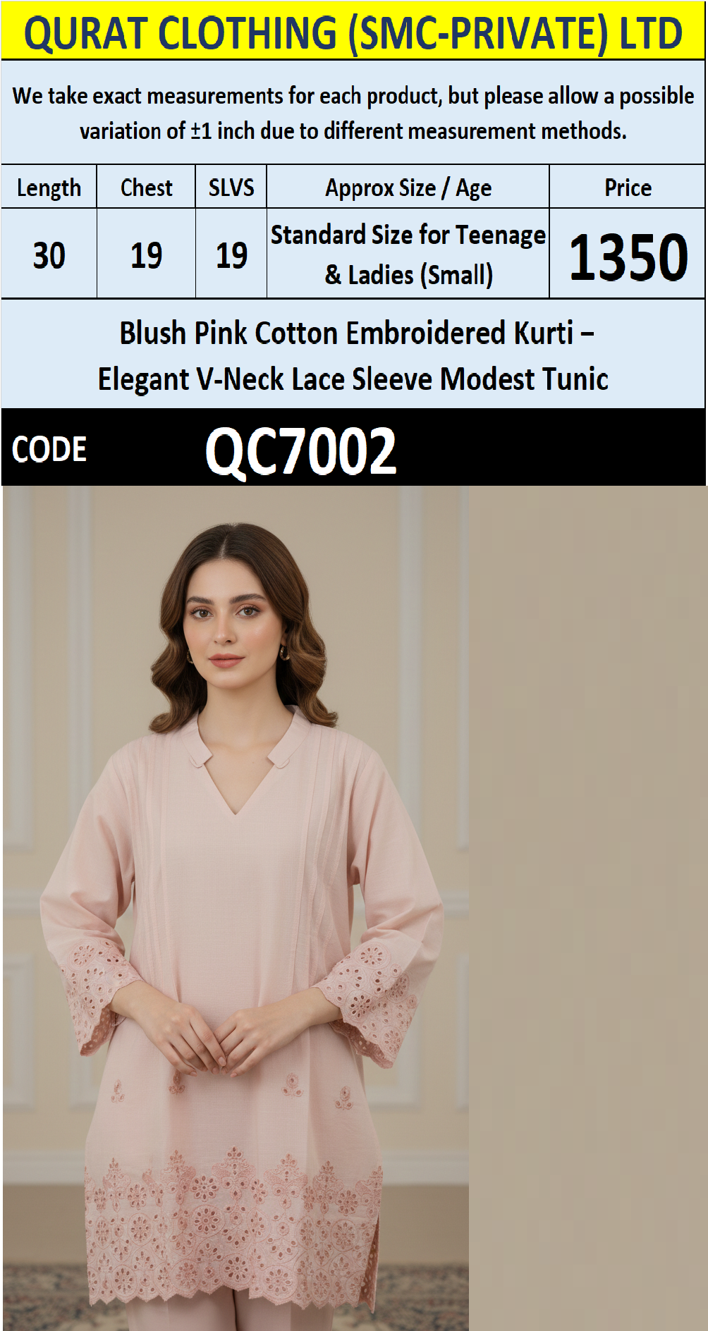 Blush Pink Cotton Embroidered Kurti with V-Neck & Lace Sleeves – Elegant Modest Tunic – QC7002