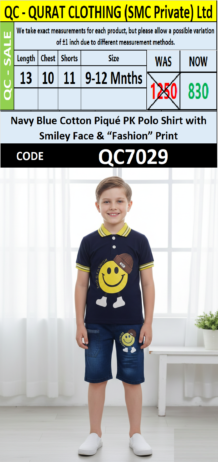 Navy Blue Cotton Piqué Polo Shirt with Smiley Face “Fashion” Print & Denim Shorts QC7029