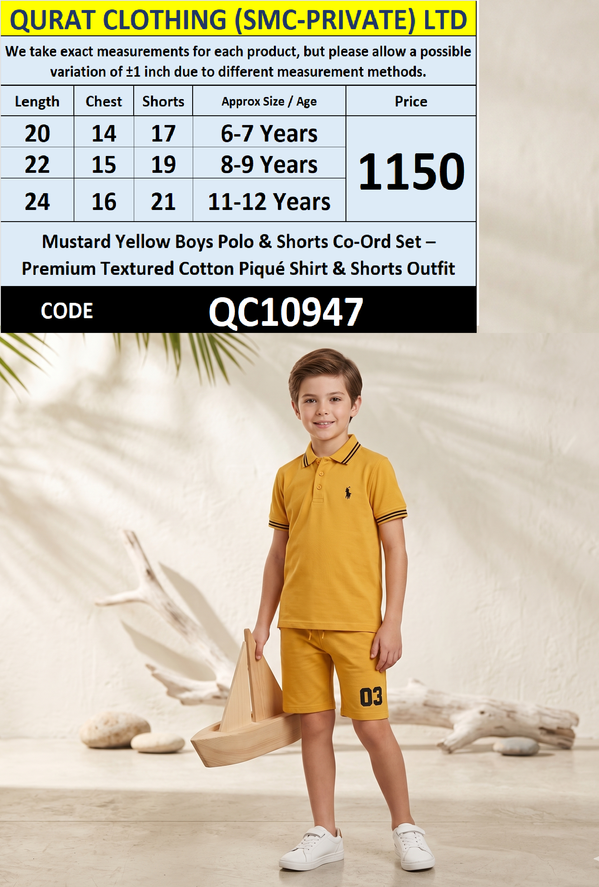 Mustard Yellow Boys Polo & Shorts Co-Ord Set – Premium Textured Cotton Piqué Shirt & Shorts Outfit QC10947