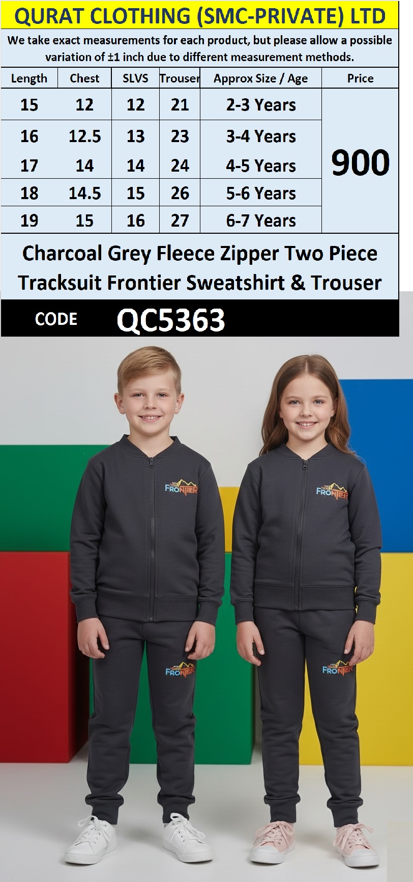 Charcoal Grey Fleece Zipper Two Piece Frontier Tracksuit Sweatshirt & Trouser QC5363 - QC5363